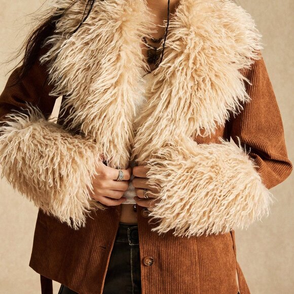 Brown Casual Women's Regular Fit Corduroy Patchwork Jacket - Picture 6 of 8